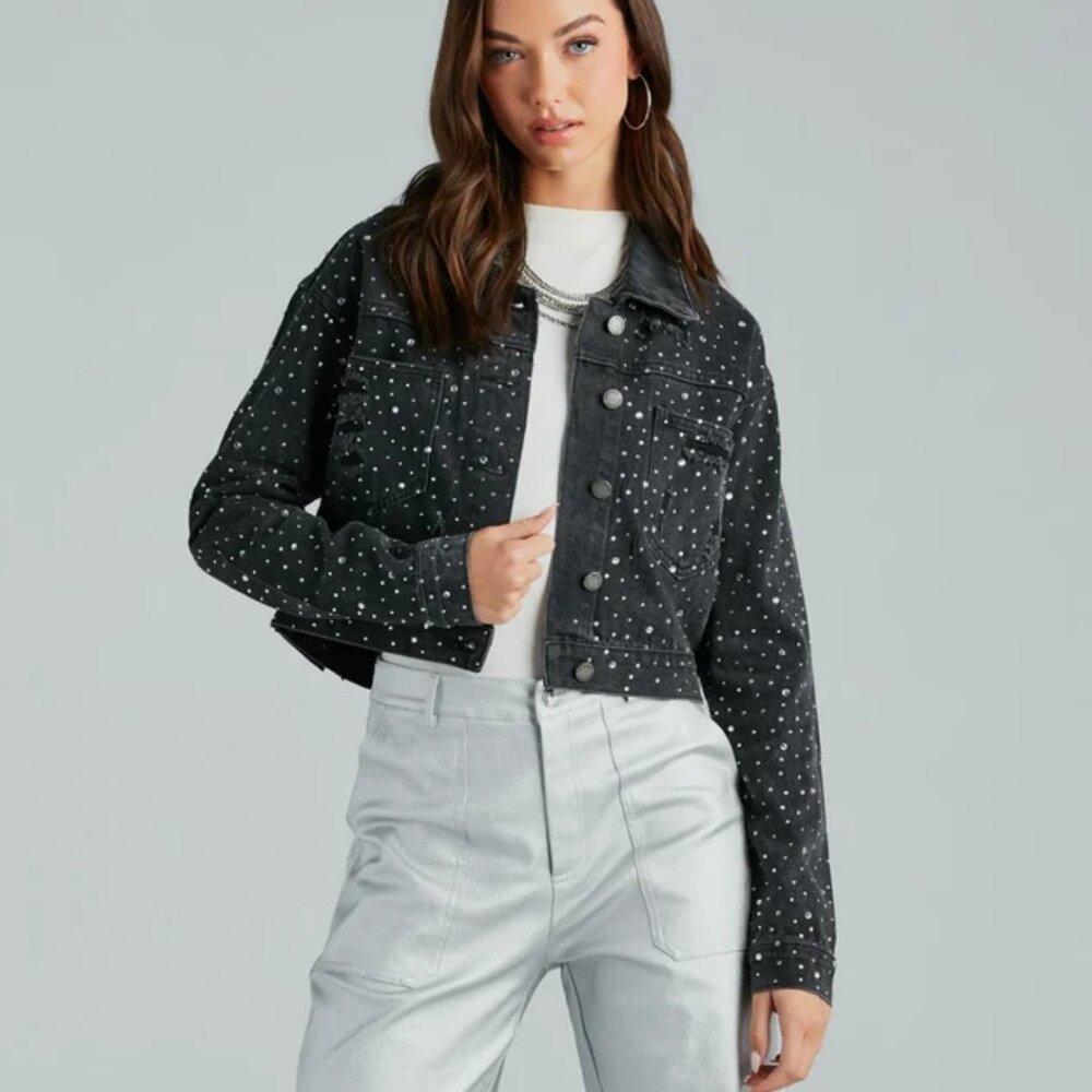 NWT Windsor Rhinestone Frayed Denim Jean Jacket